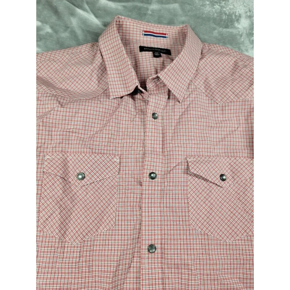 Banana Republic Shirt Men XL Pearl Snap Western Long Sleeve red blue micro plaid